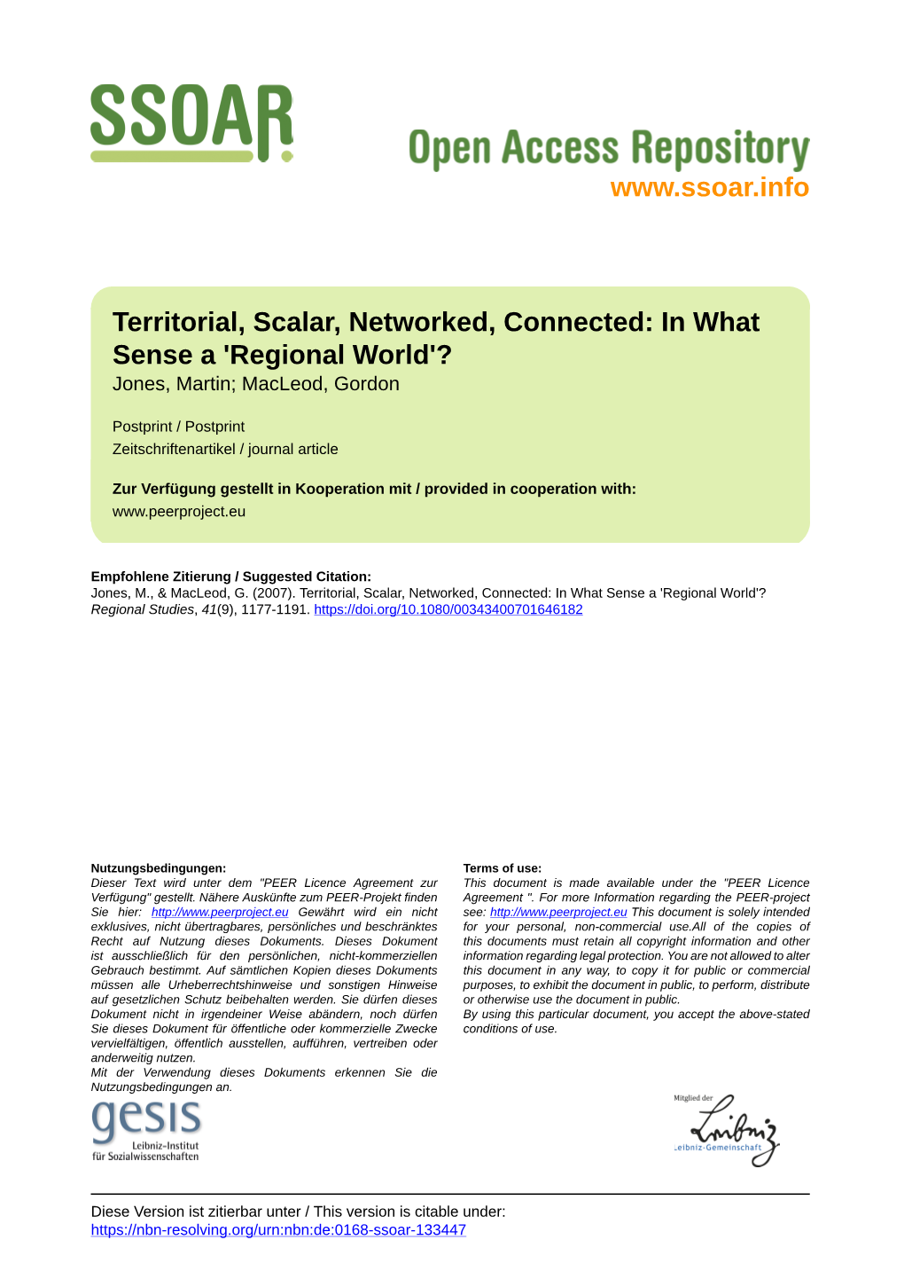 Territorial, Scalar, Networked, Connected: in What Sense a 'Regional World'? Jones, Martin; Macleod, Gordon