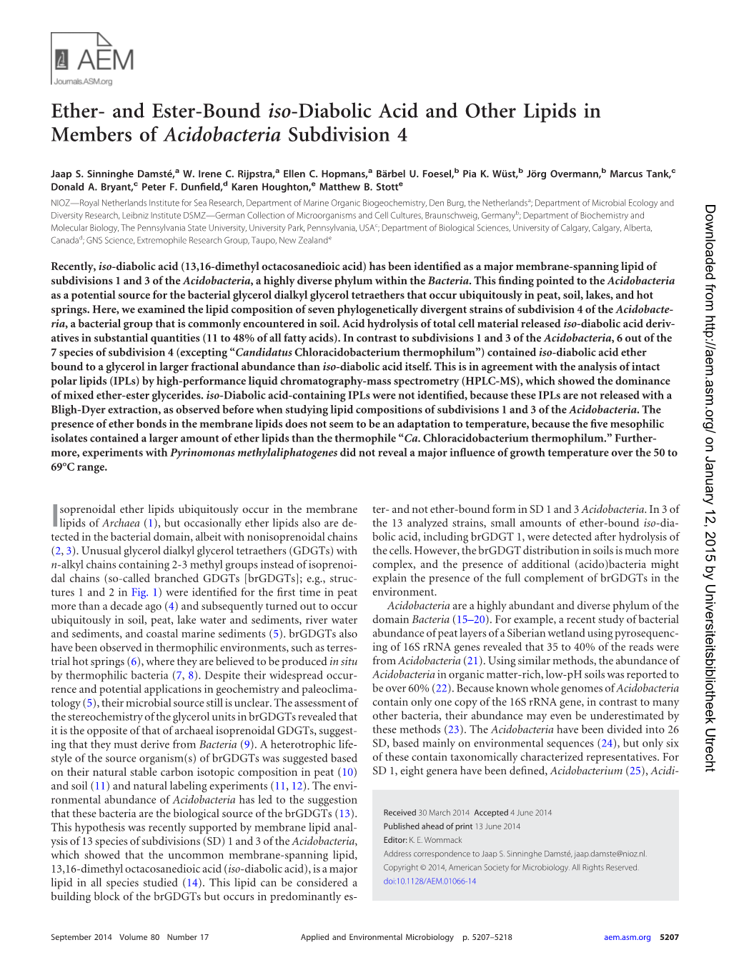 And Ester-Bound Iso-Diabolic Acid and Other Lipids in Members of Acidobacteria Subdivision 4