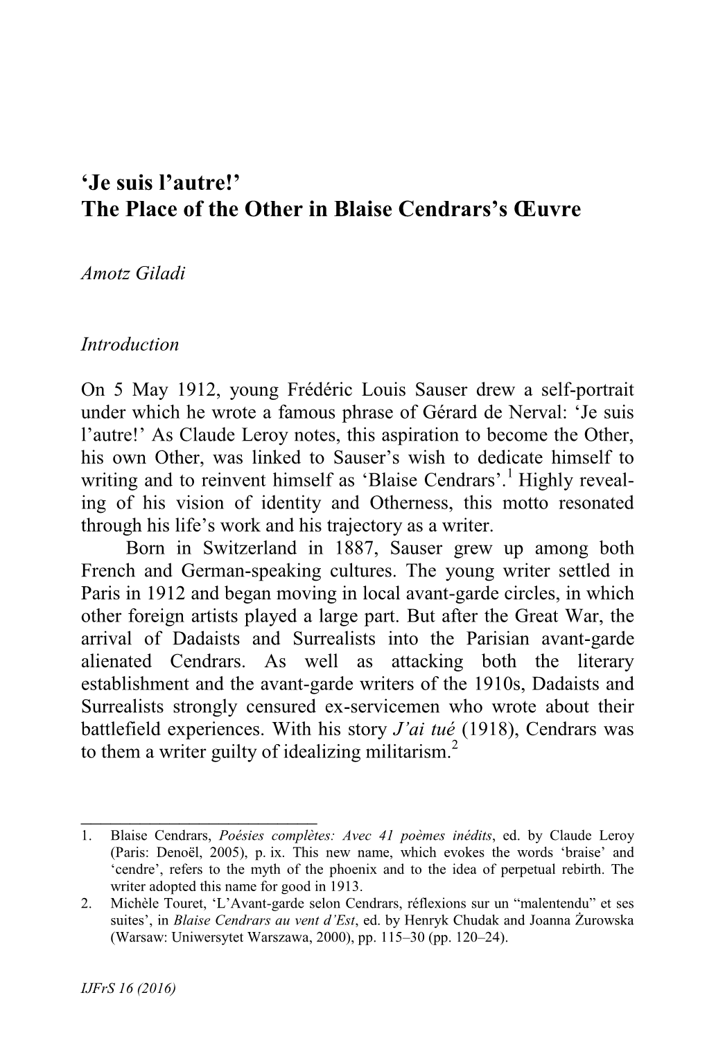 ' the Place of the Other in Blaise Cendrars's Â