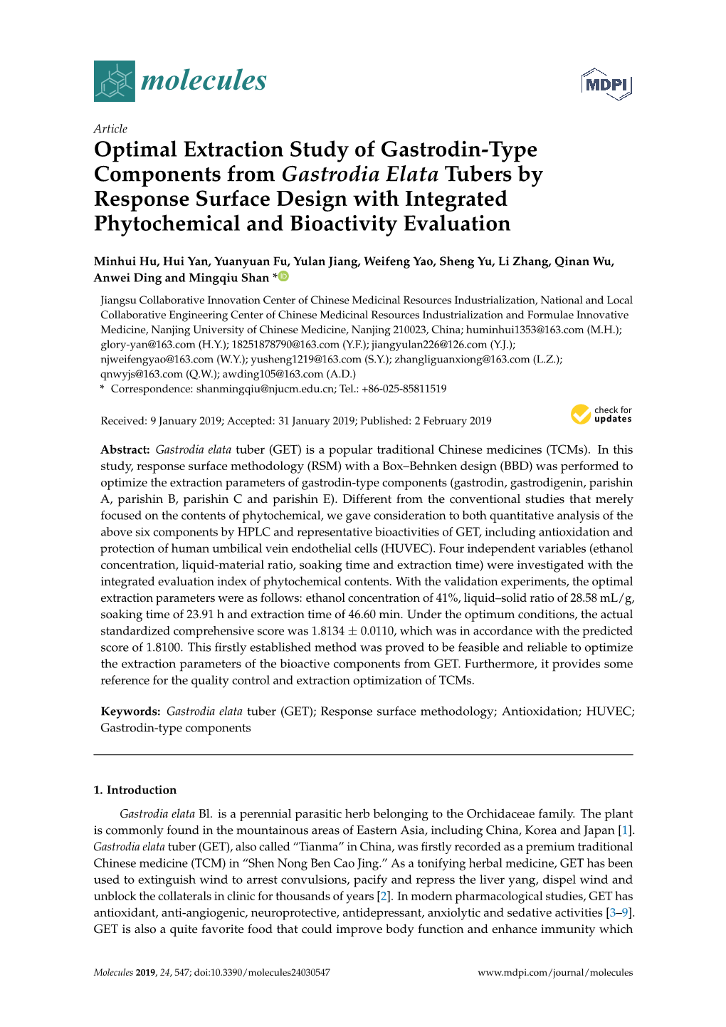 Optimal Extraction Study of Gastrodin-Type Components from Gastrodia Elata Tubers by Response Surface Design with Integrated Phytochemical and Bioactivity Evaluation