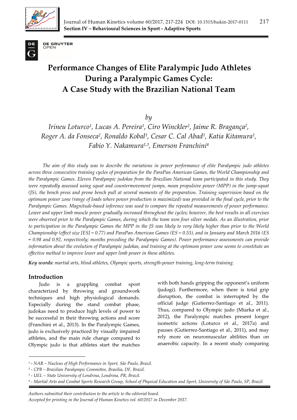 Performance Changes of Elite Paralympic Judo Athletes During a Paralympic Games Cycle: a Case Study with the Brazilian National Team