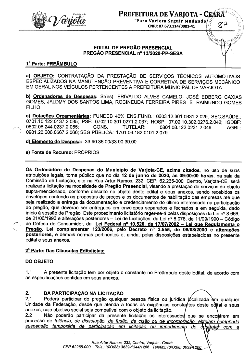 PREFEITURA DE VARJOTA — CEARÁ` "Para Varjota Seguir Mudando { CNPJ: 07.673.114/0001-41