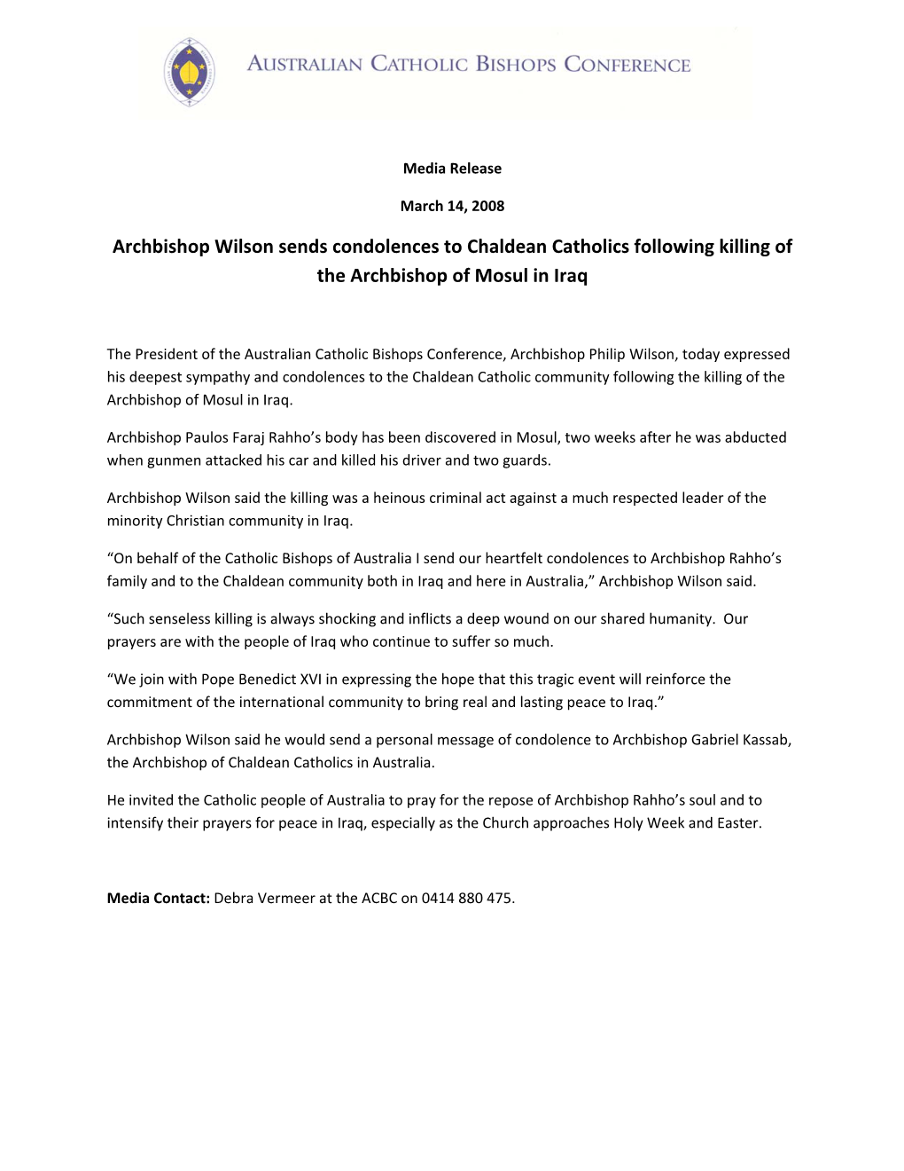 Archbishop Wilson Sends Condolences to Chaldean Catholics Following Killing of the Archbishop of Mosul in Iraq