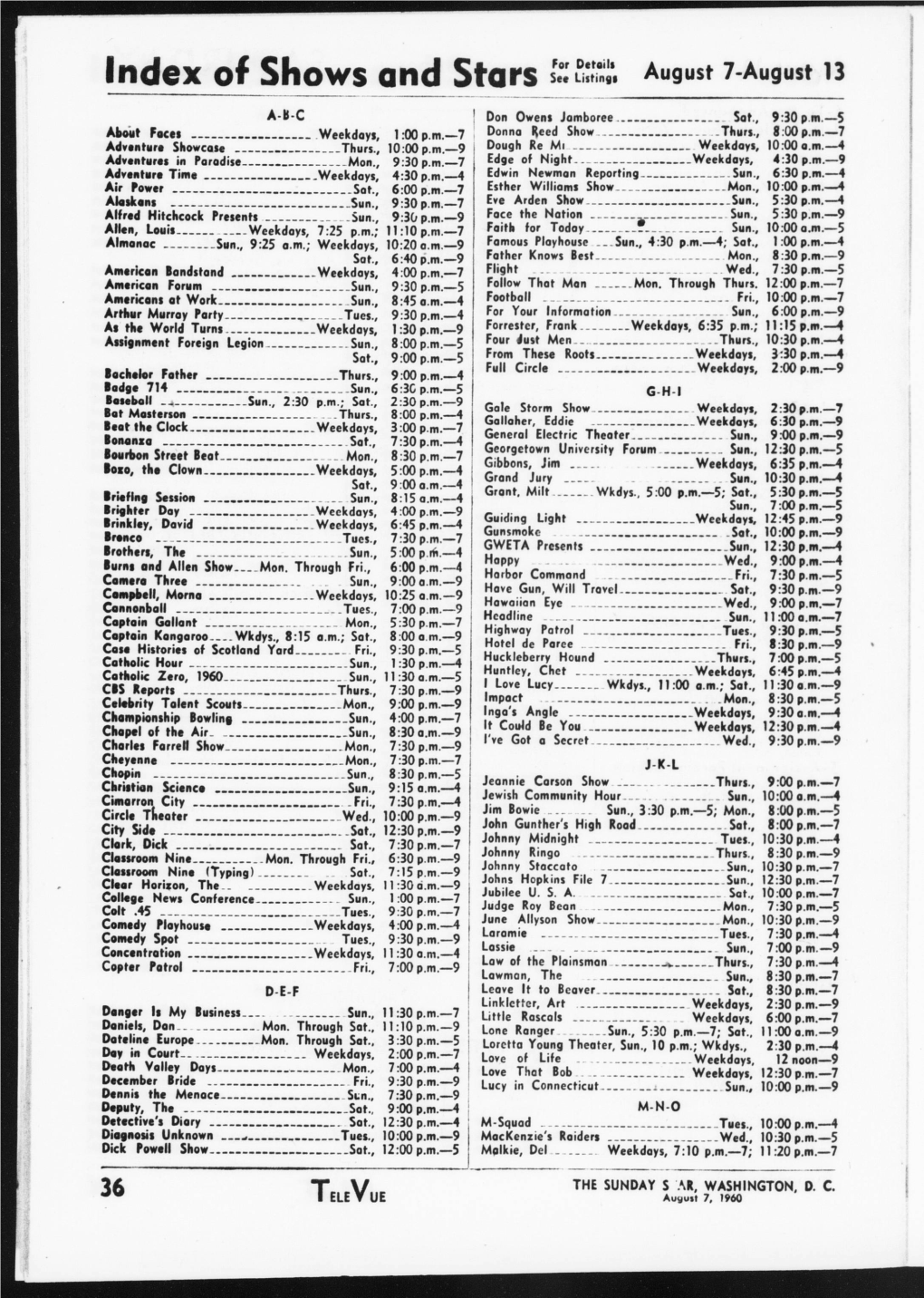 Index of Shows and Stars S'x August 7-August 13