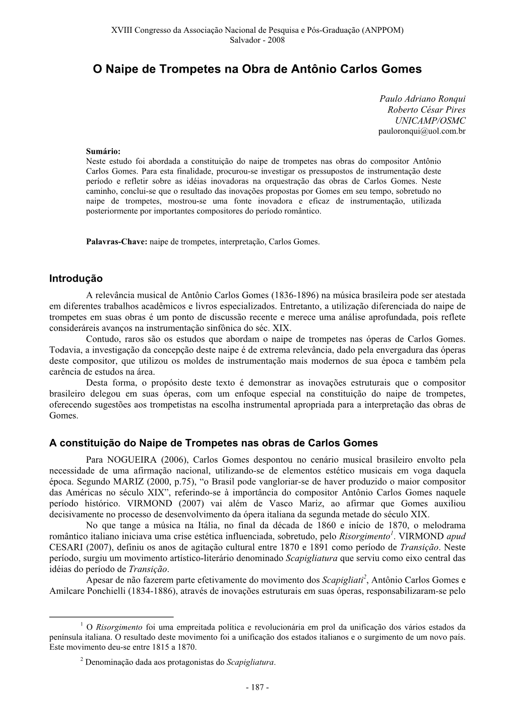 O Naipe De Trompetes Na Obra De Antônio Carlos Gomes