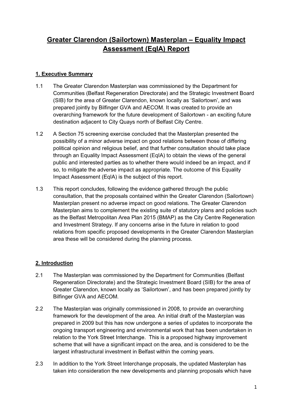 Greater Clarendon (Sailortown) Masterplan – Equality Impact Assessment (Eqia) Report