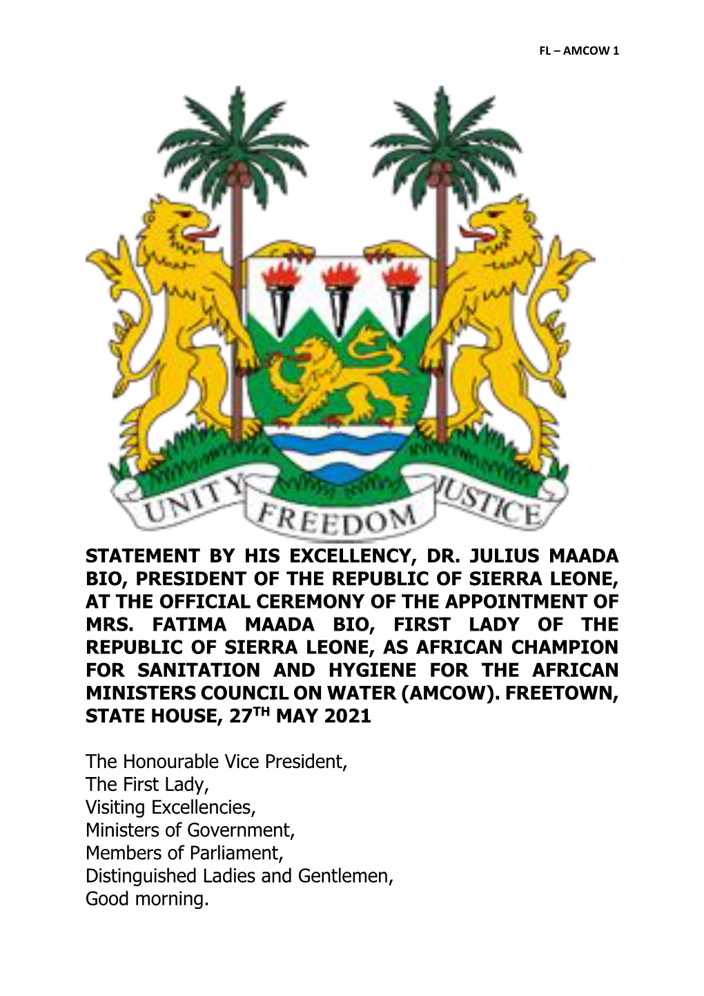 Statement by His Excellency, Dr Julius Maada Bio, President of The