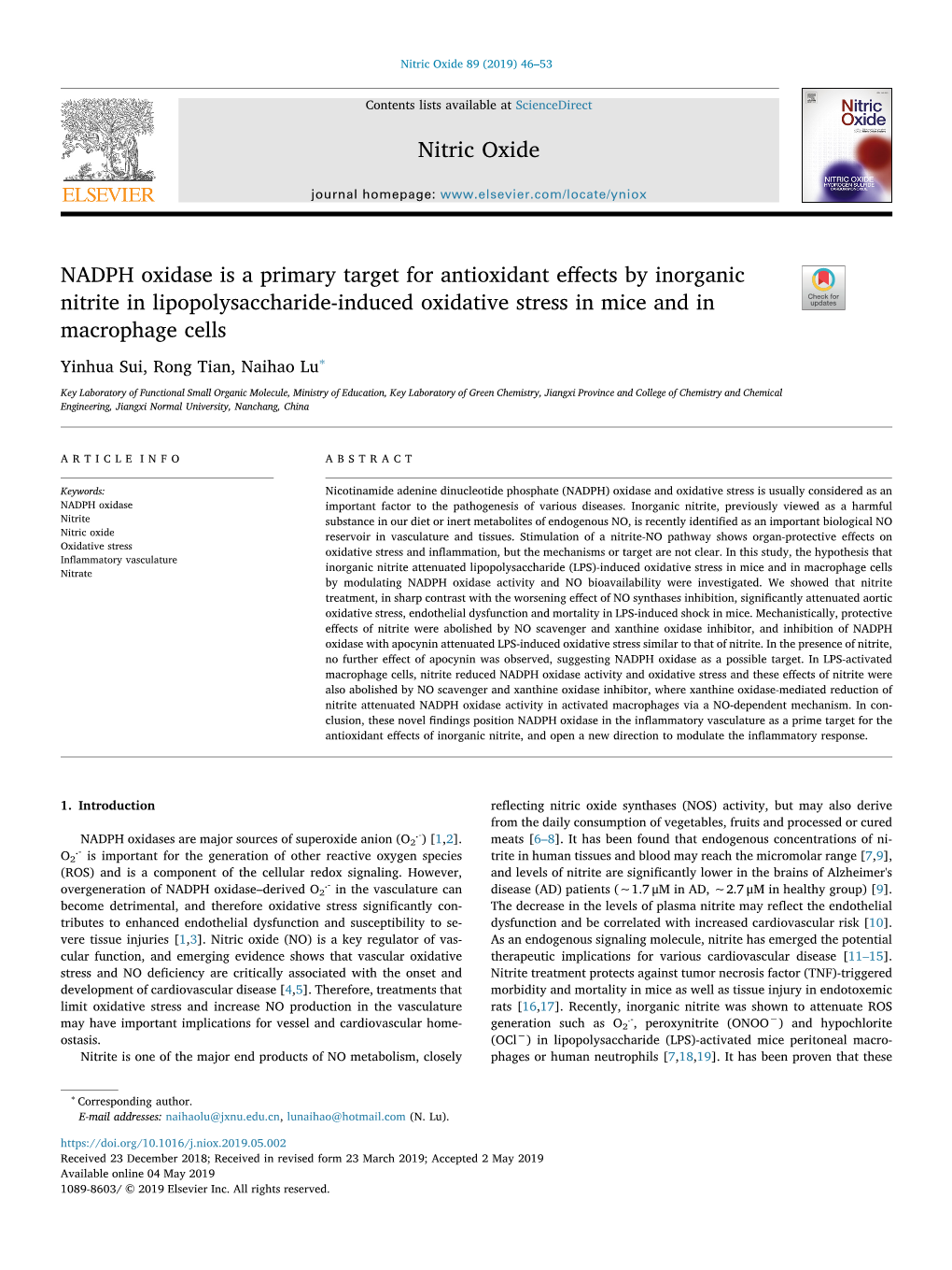 NADPH Oxidase Is a Primary Target for Antioxidant Effects by Inorganic