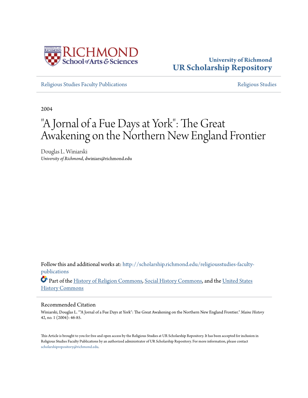 "A Jornal of a Fue Days at York": the Great Awakening on the Northern New England Frontier Douglas L