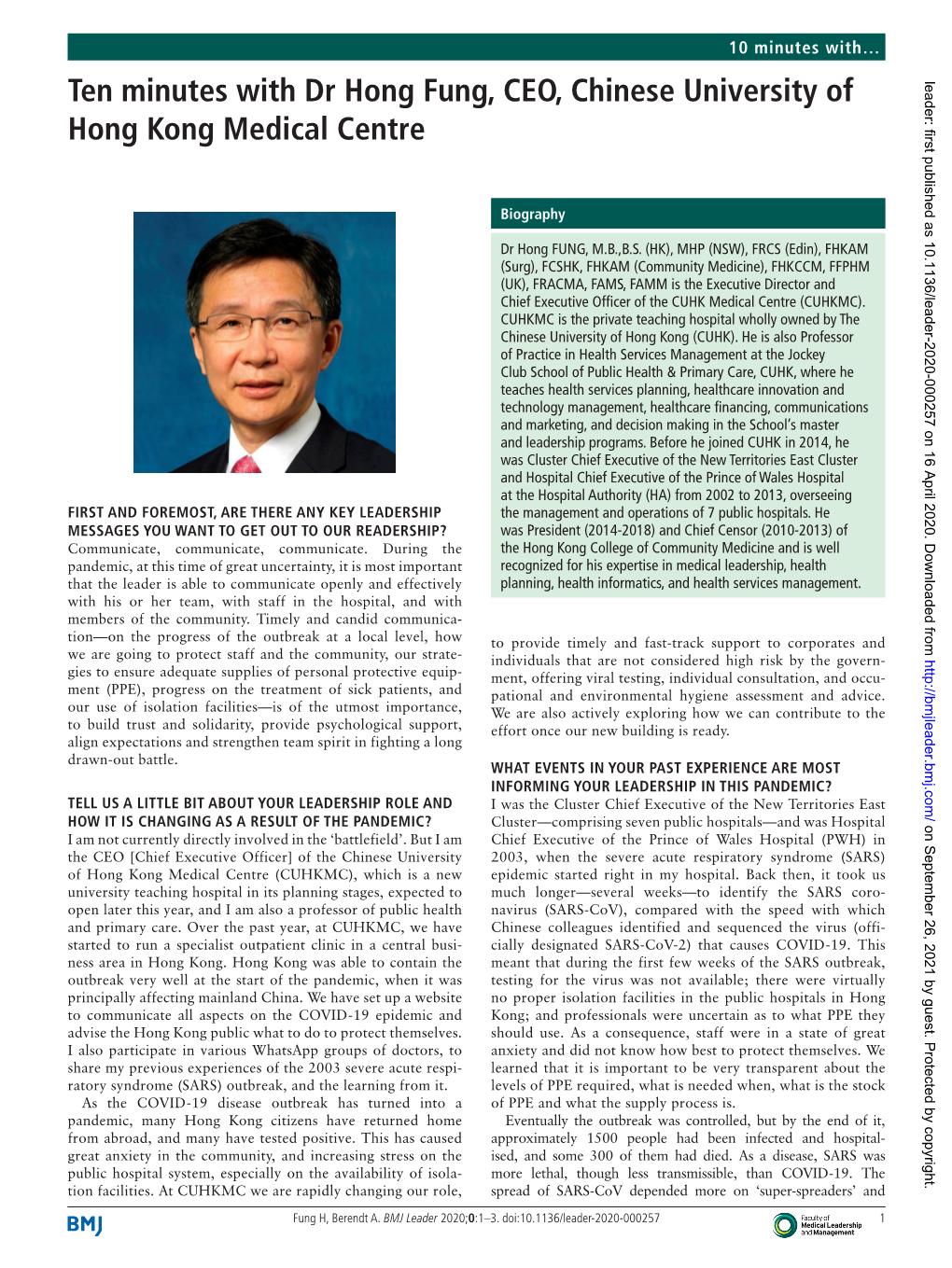 Ten Minutes with Dr Hong Fung, CEO, Chinese University of Leader: First Published As 10.1136/Leader-2020-000257 on 16 April 2020