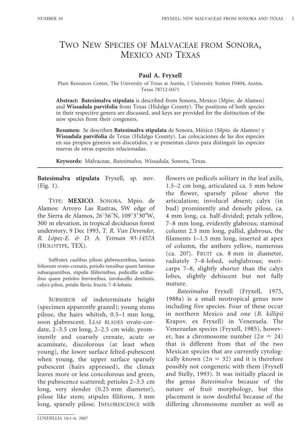 Two New Species of Malvaceae from Sonora, Mexico and Texas