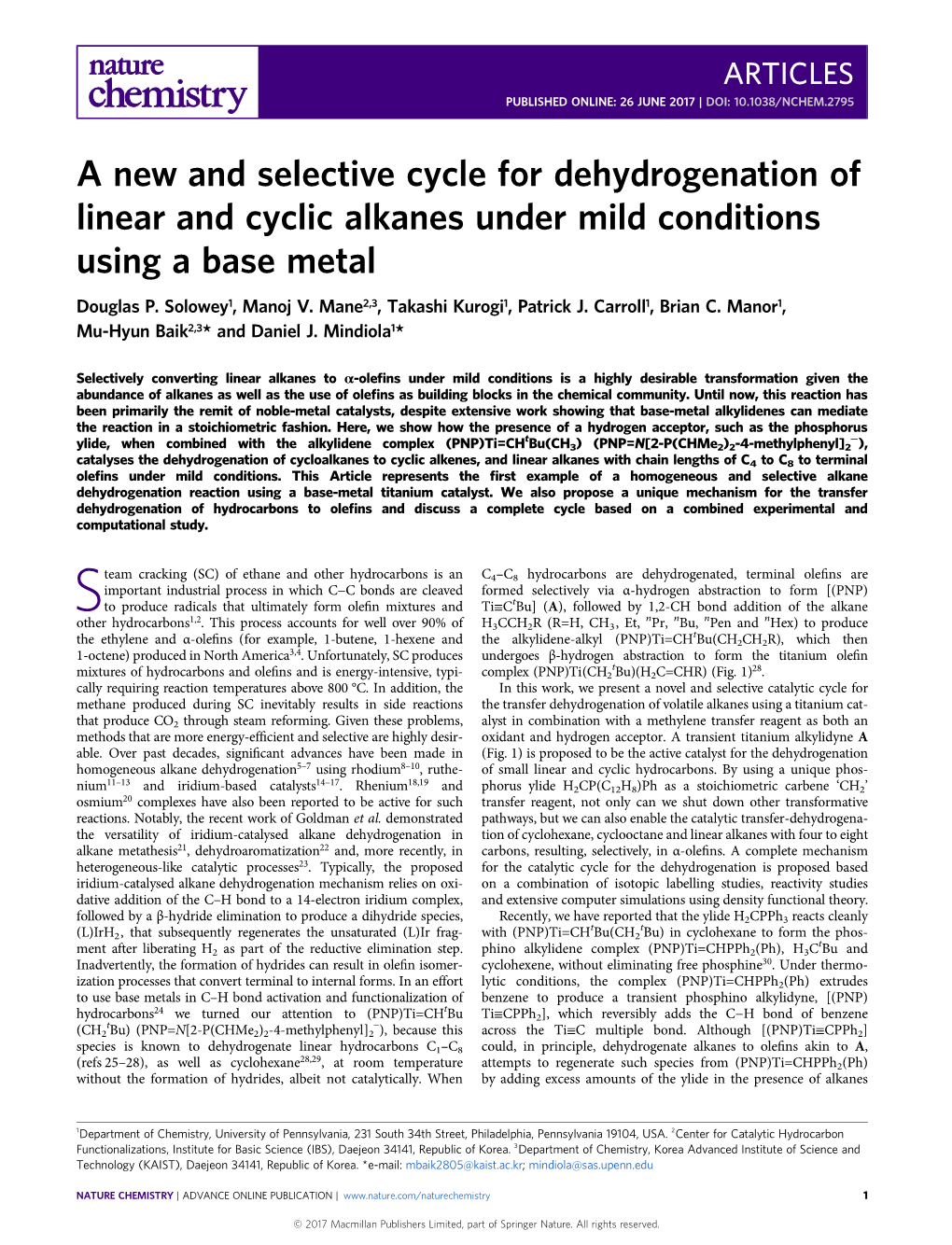 A New and Selective Cycle for Dehydrogenation of Linear and Cyclic Alkanes Under Mild Conditions Using a Base Metal Douglas P