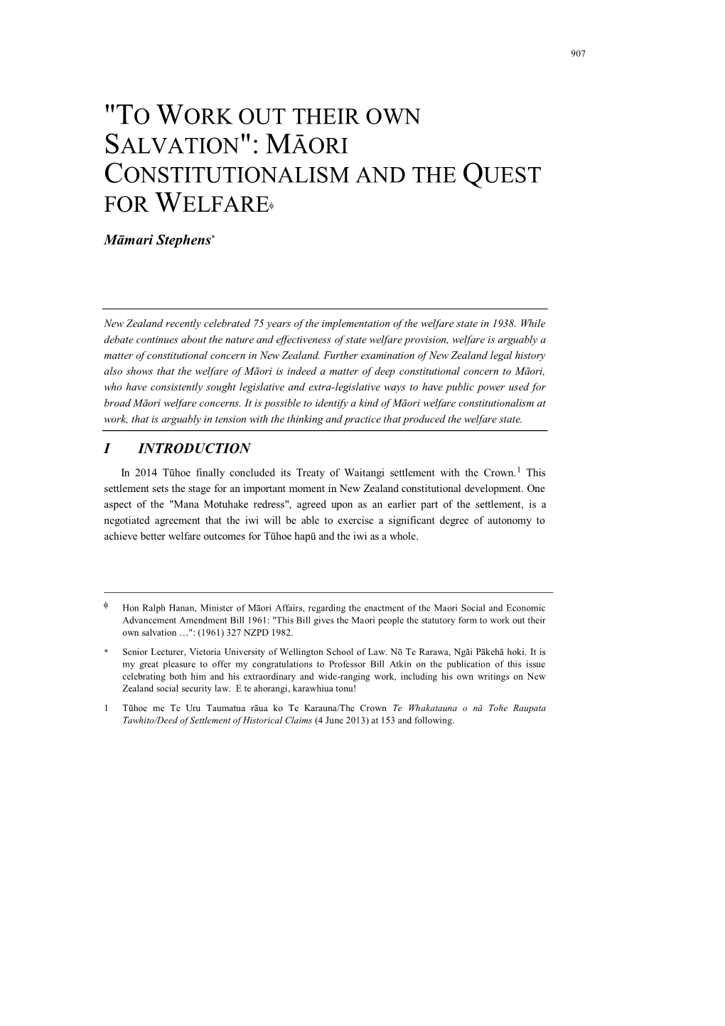 "To Work out Their Own Salvation": Māori Constitutionalism and the Quest for Welfare