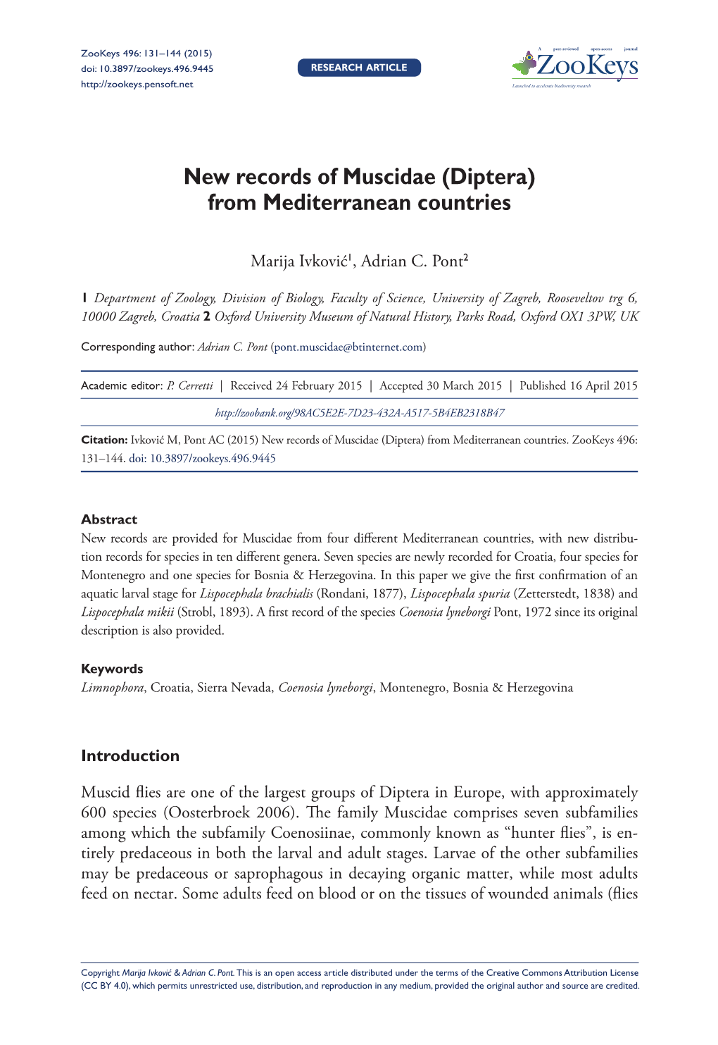 Diptera) from Mediterranean Countries 131 Doi: 10.3897/Zookeys.496.9445 RESEARCH ARTICLE Launched to Accelerate Biodiversity Research