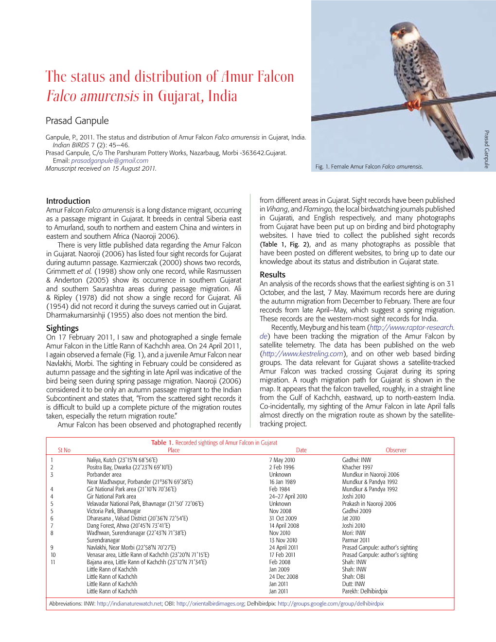 The Status and Distribution of Amur Falcon Falco Amurensis in Gujarat, India
