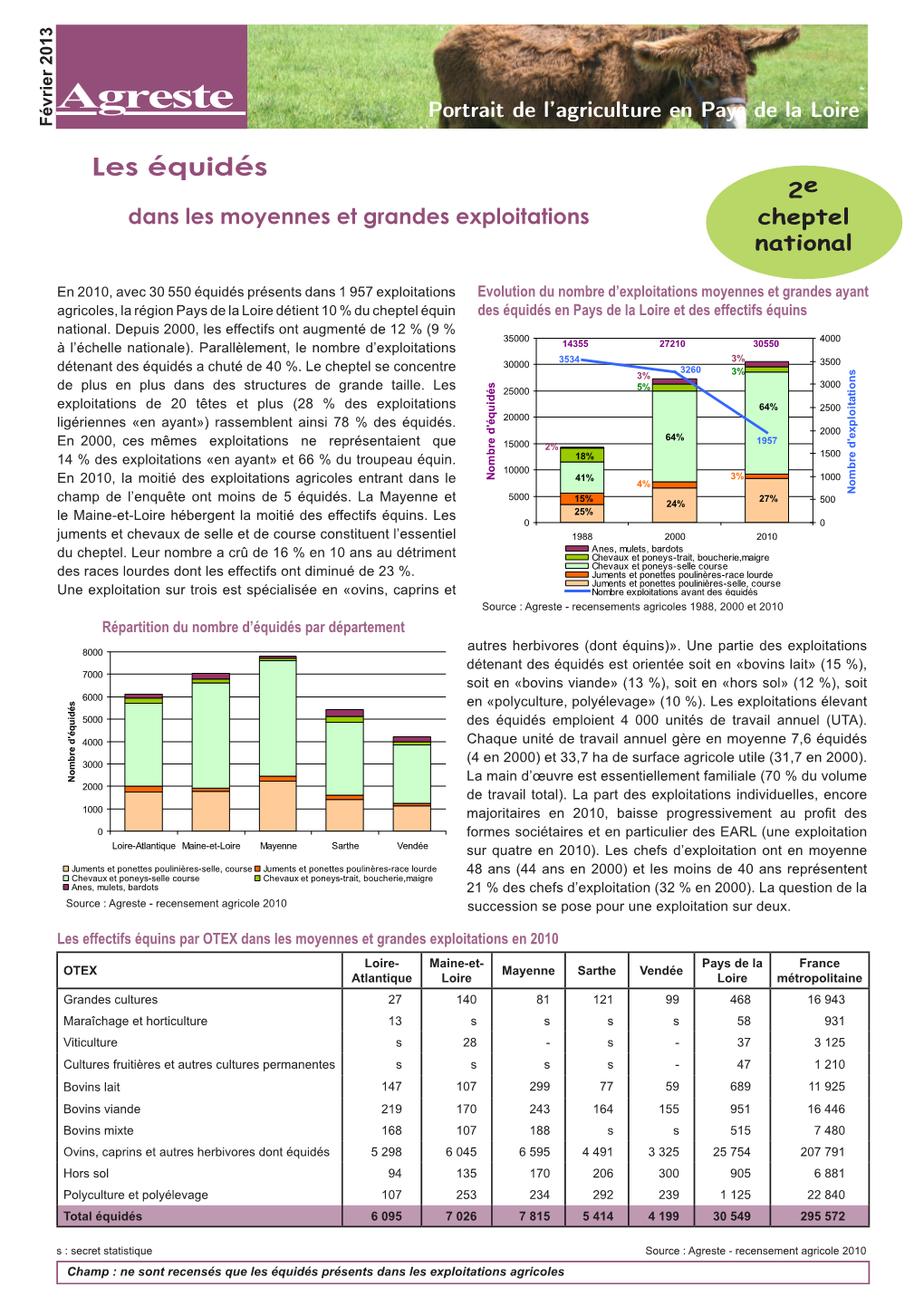 Agreste Portrait De L’Agriculture En Pays De La Loire Février 2013 Les Équidés 2E Dans Les Moyennes Et Grandes Exploitations Cheptel National