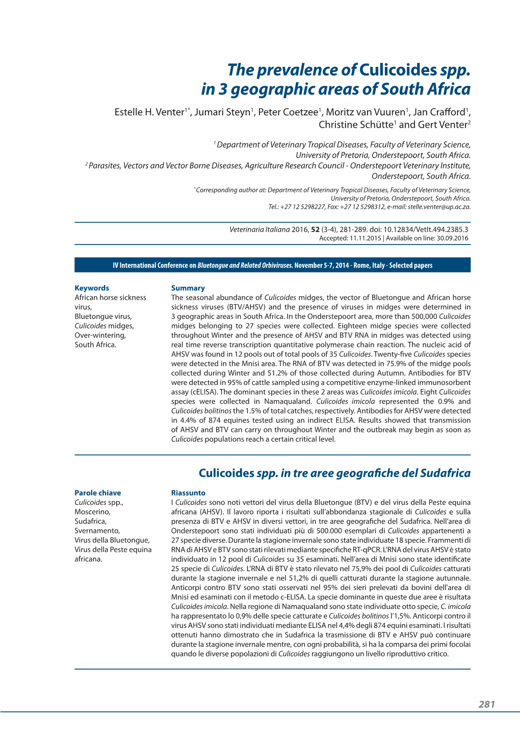 The Prevalence of Culicoidesspp. in 3 Geographic Areas of South Africa