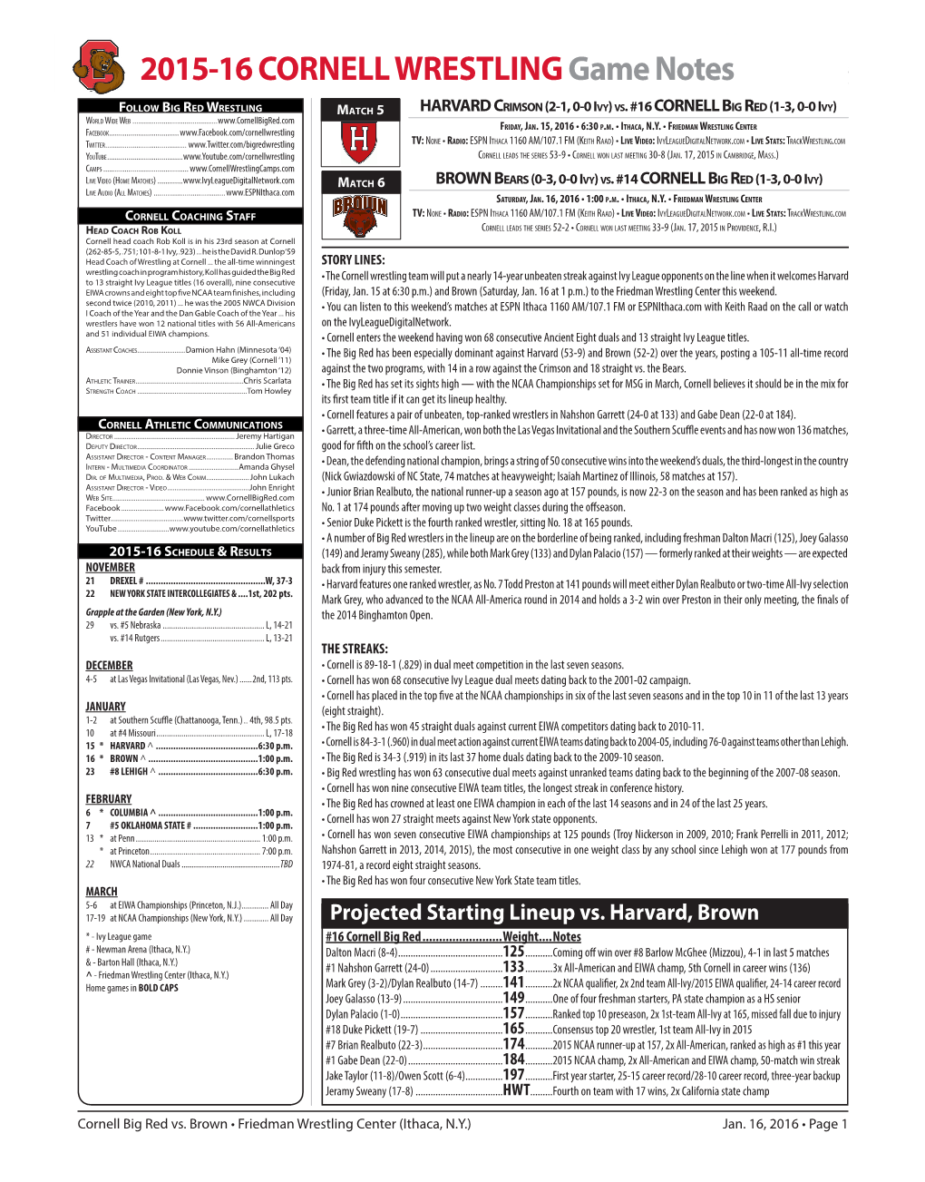 2015-16 CORNELL Wrestlinggame Notes