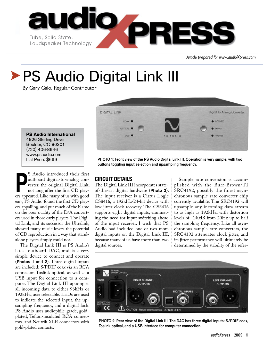 PS Audio Digital Link III by Gary Galo, Regular Contributor