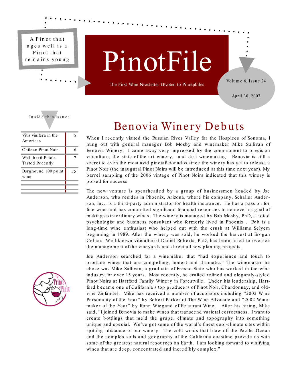 Pinotfile Volume 6, Issue 24 the First Wine Newsletter Devoted to Pinotphiles