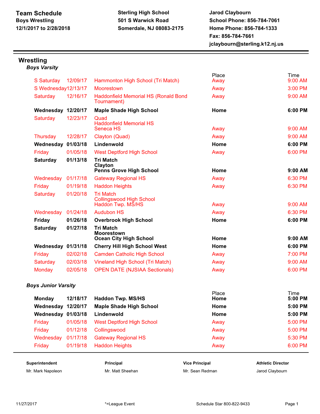 Team Schedule Wrestling