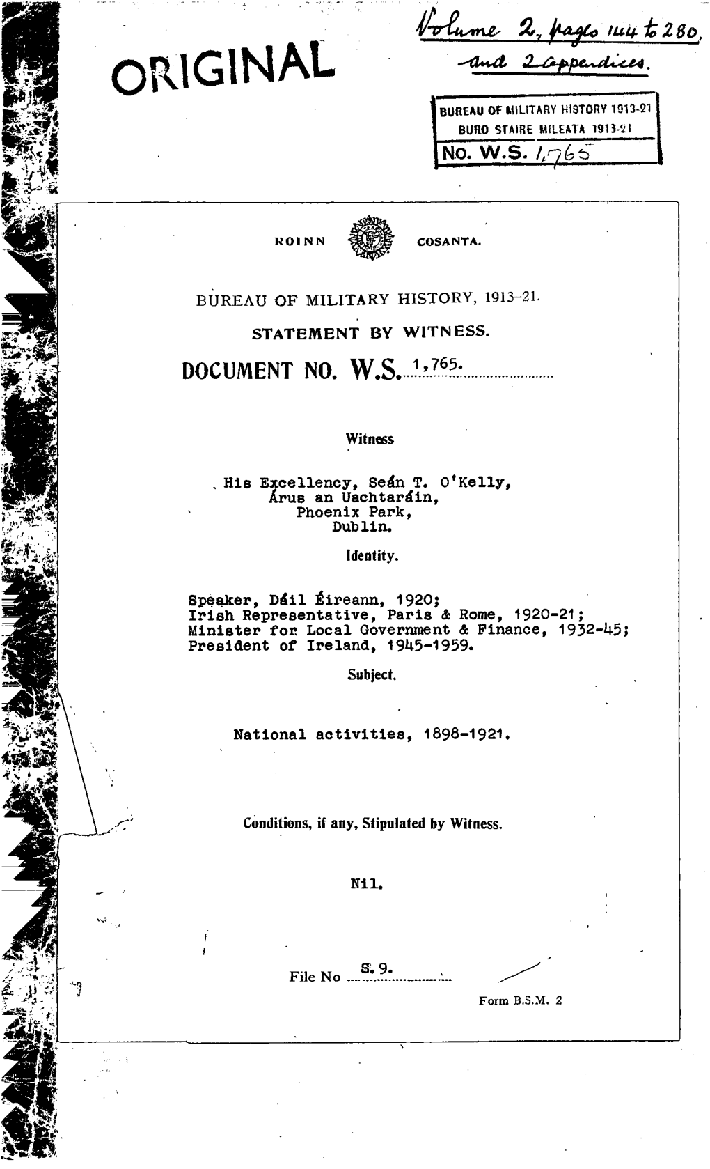 Volume 2, Pages144 to 280. and 2 Appendices. ROINN COSANTA. BUREAU of MILITARY HISTORY, 1913-21. STATEMENT by WITNESS. DOCUMENT