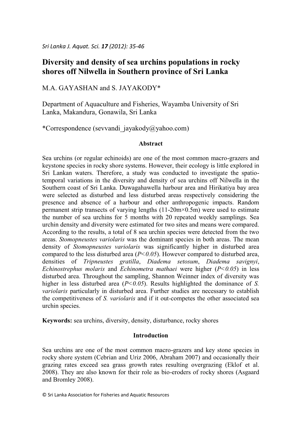 Diversity and Density of Sea Urchins Populations in Rocky Shores Off Nilwella in Southern Province of Sri Lanka