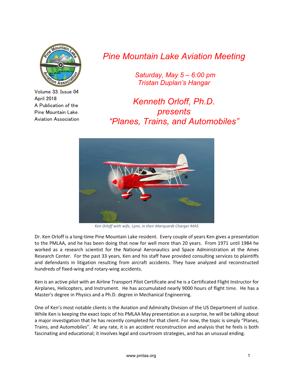 Pine Mountain Lake Aviation Meeting Kenneth Orloff, Ph.D. Presents