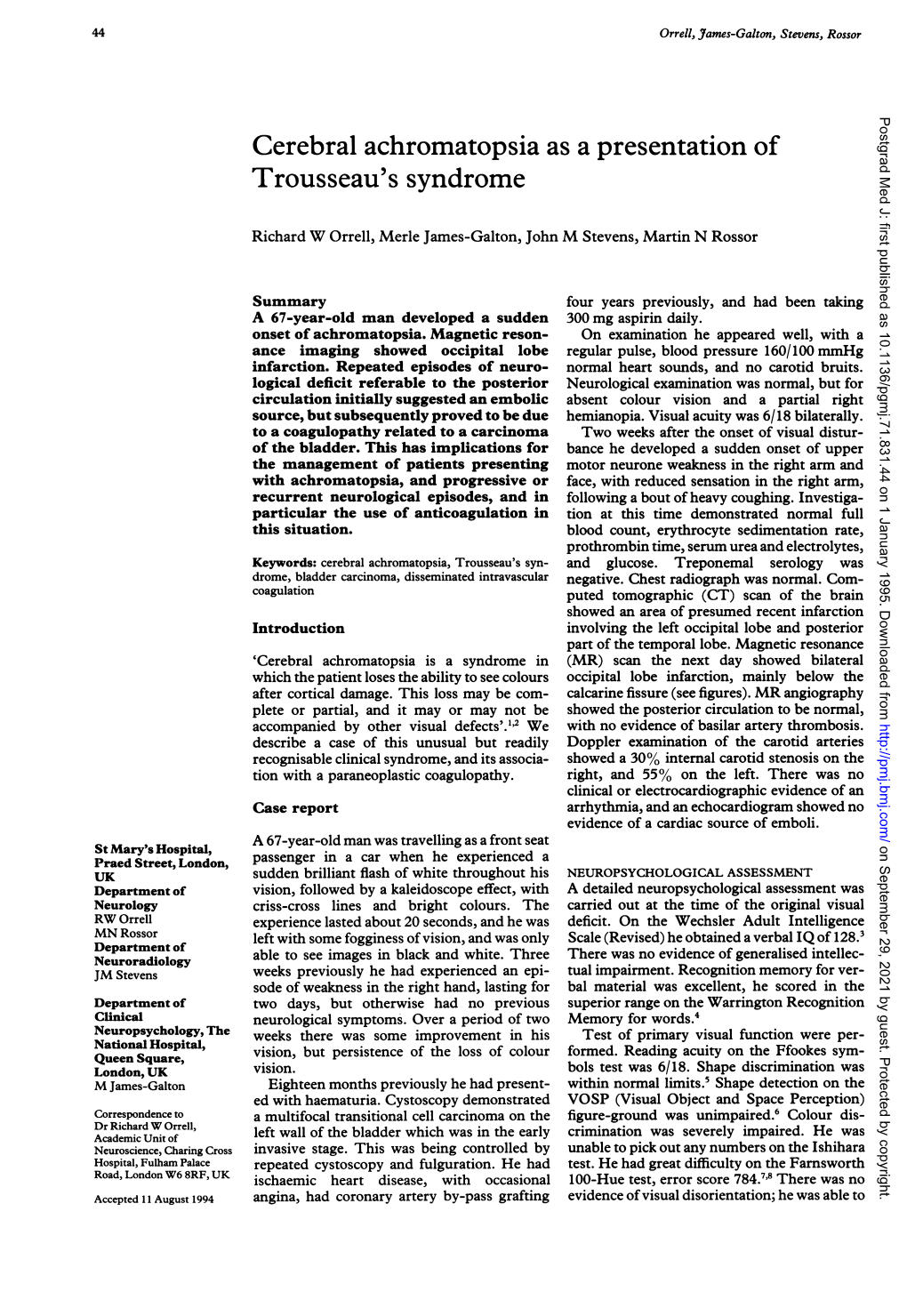 Cerebral Achromatopsia As a Presentation of Trousseau's Syndrome