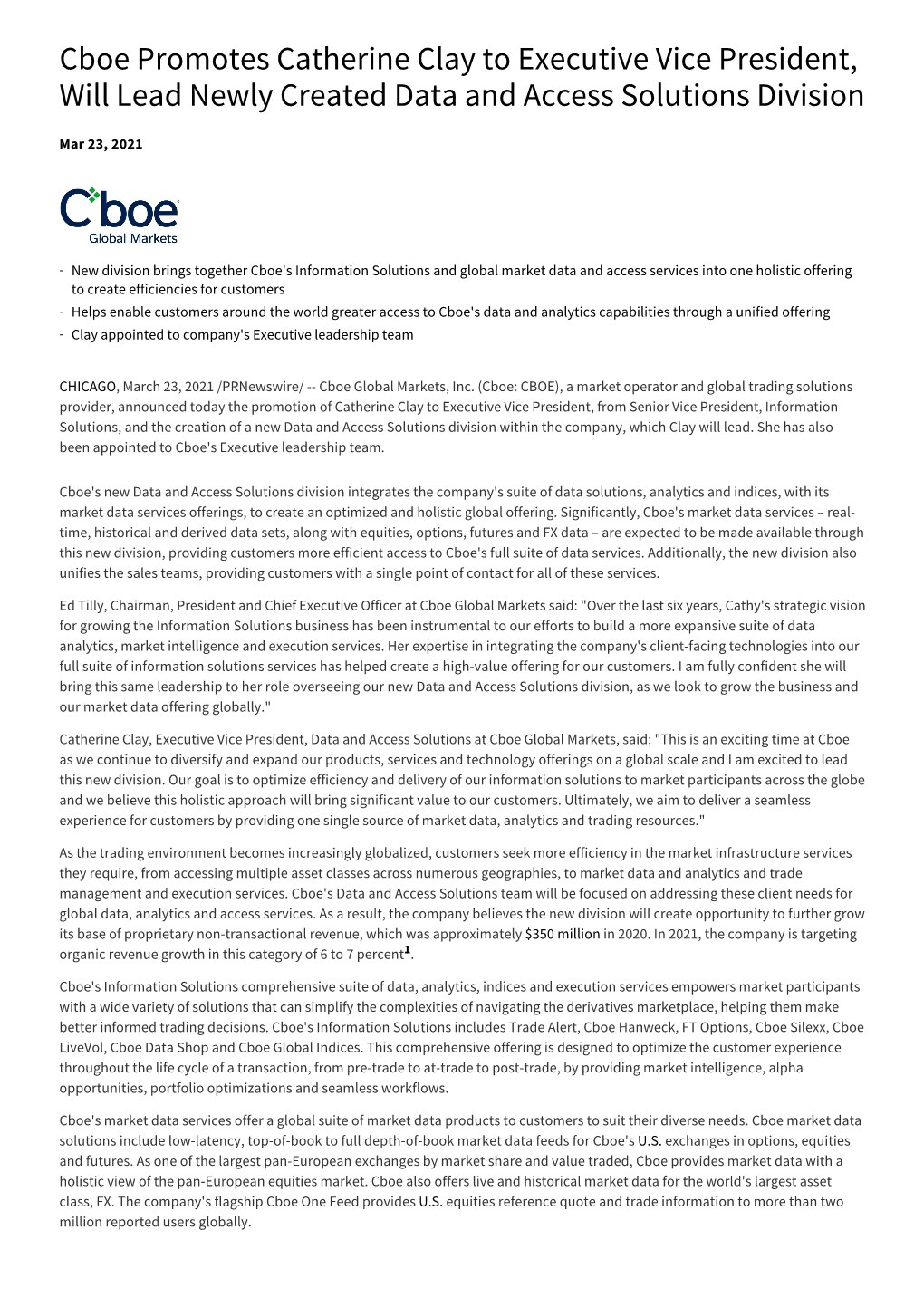 Cboe Promotes Catherine Clay to Executive Vice President, Will Lead Newly Created Data and Access Solutions Division