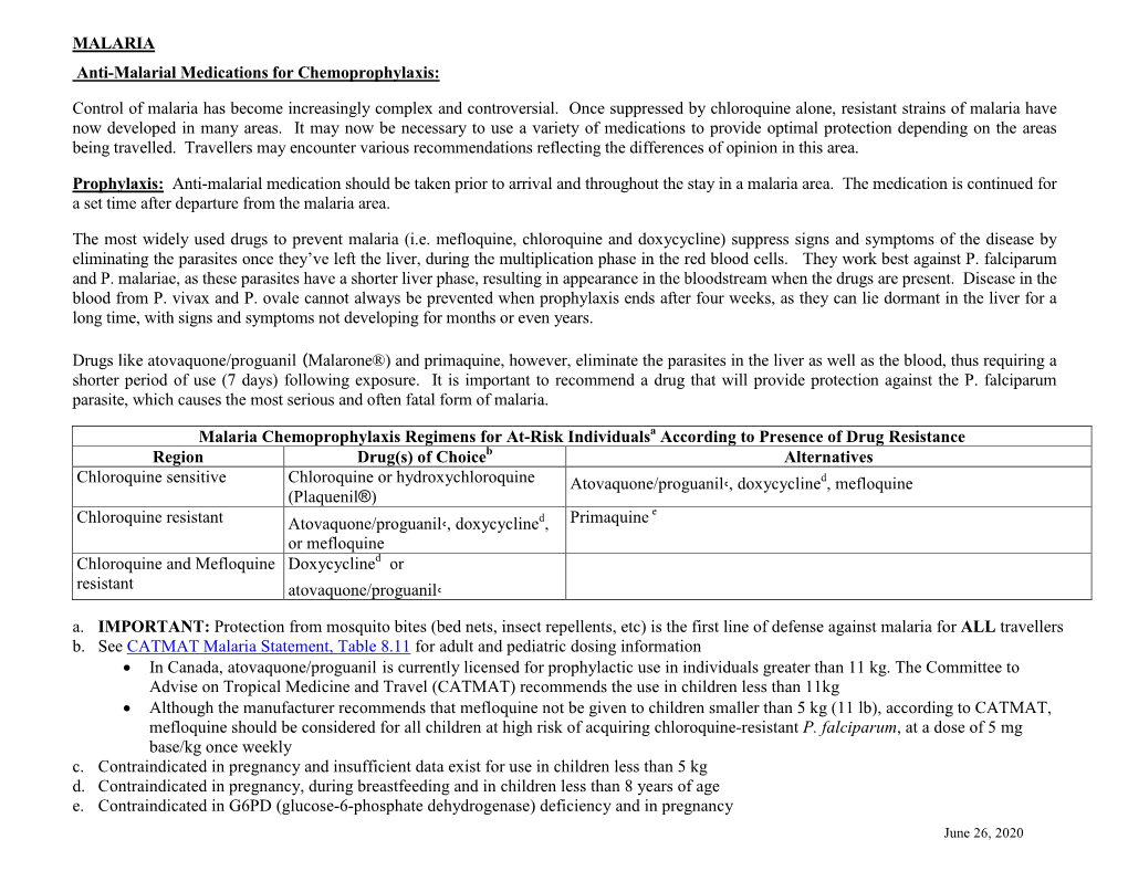 Anti-Malarial Medications for Chemoprophylaxis