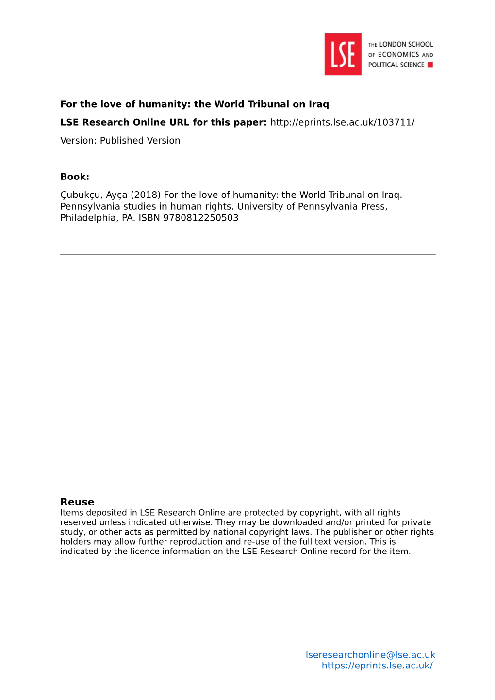 For the Love of Humanity: the World Tribunal on Iraq LSE Research Online URL for This Paper: Version: Published Version