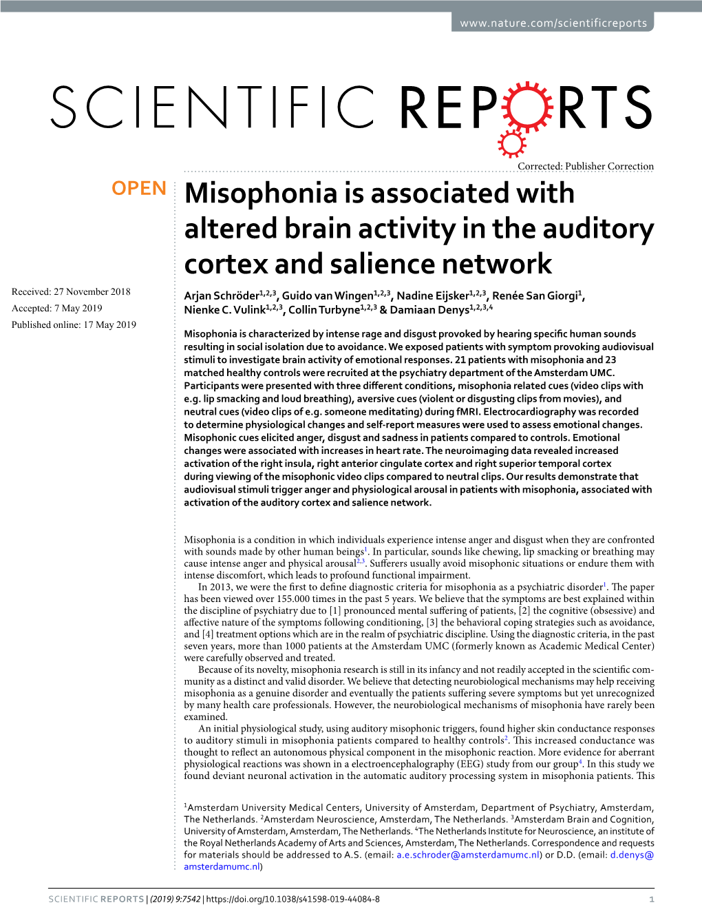 Misophonia Is Associated with Altered Brain Activity in the Auditory Cortex