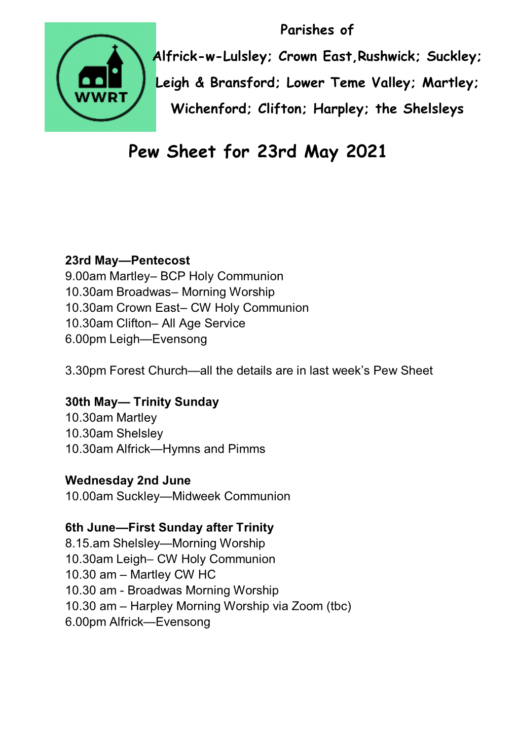 Pew Sheet for 23Rd May 2021