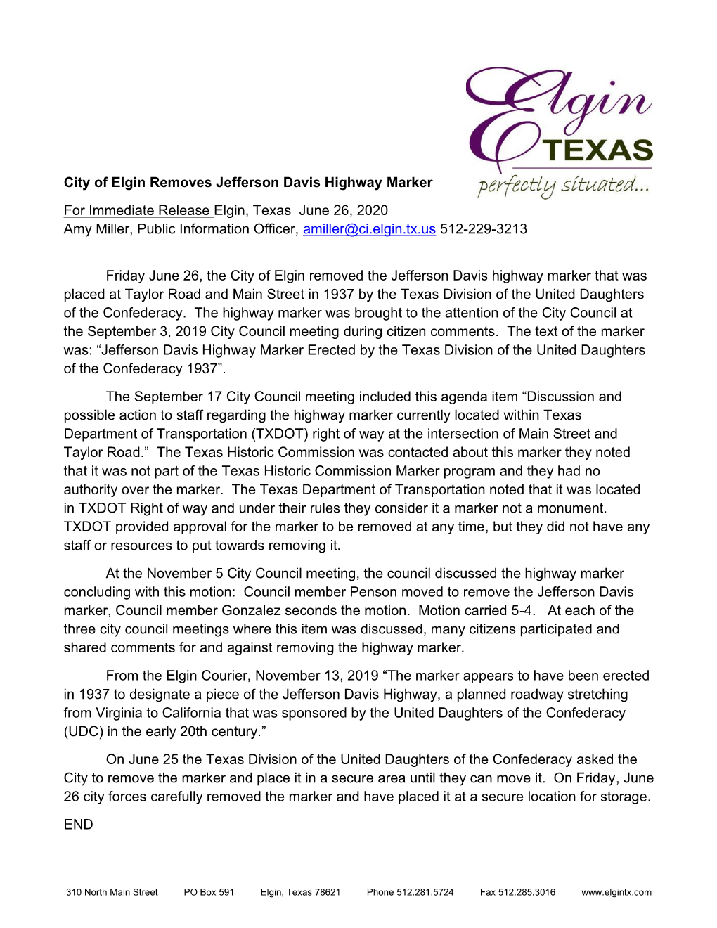 City of Elgin Removes Jefferson Davis Highway Marker for Immediate