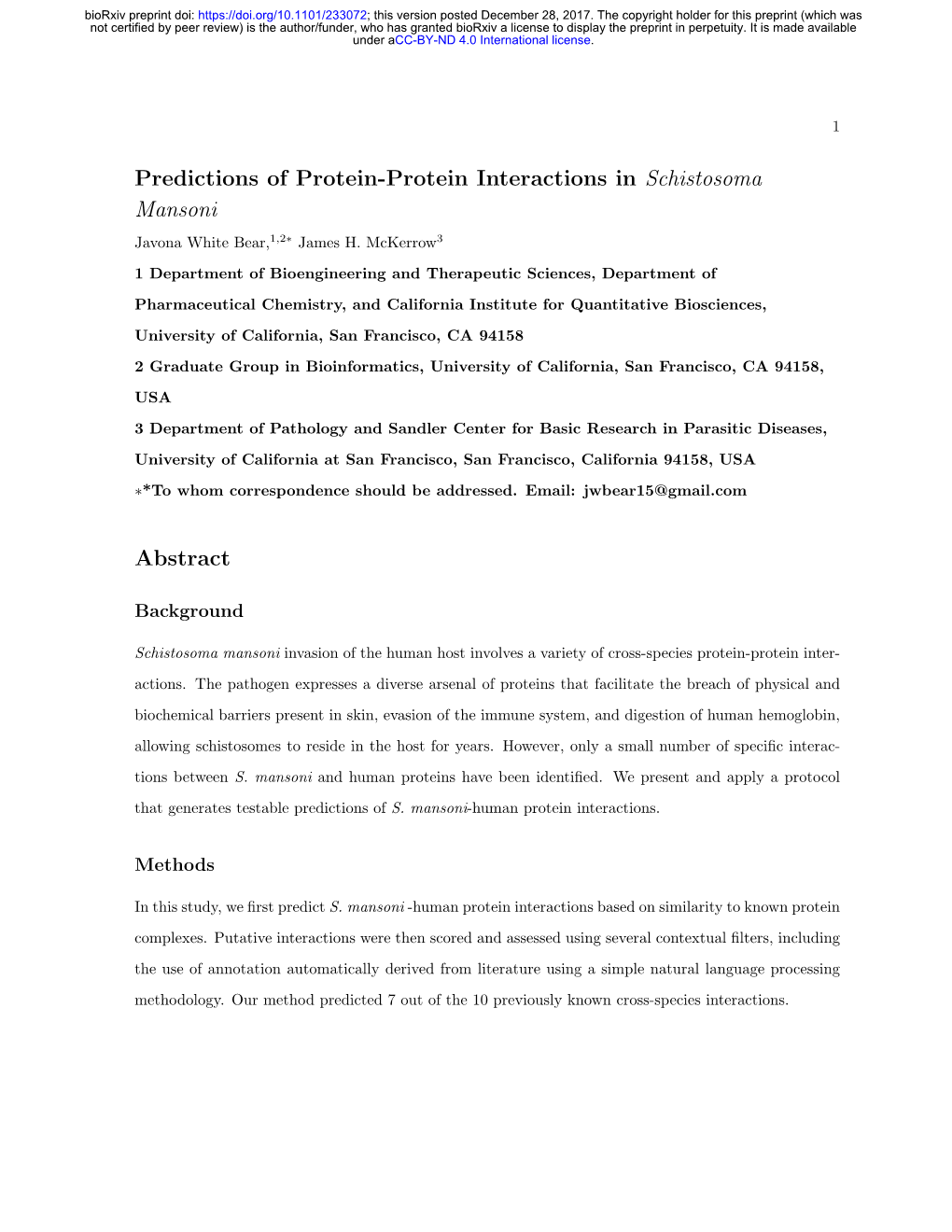 Predictions of Protein-Protein Interactions in Schistosoma Mansoni Javona White Bear,1,2∗ James H