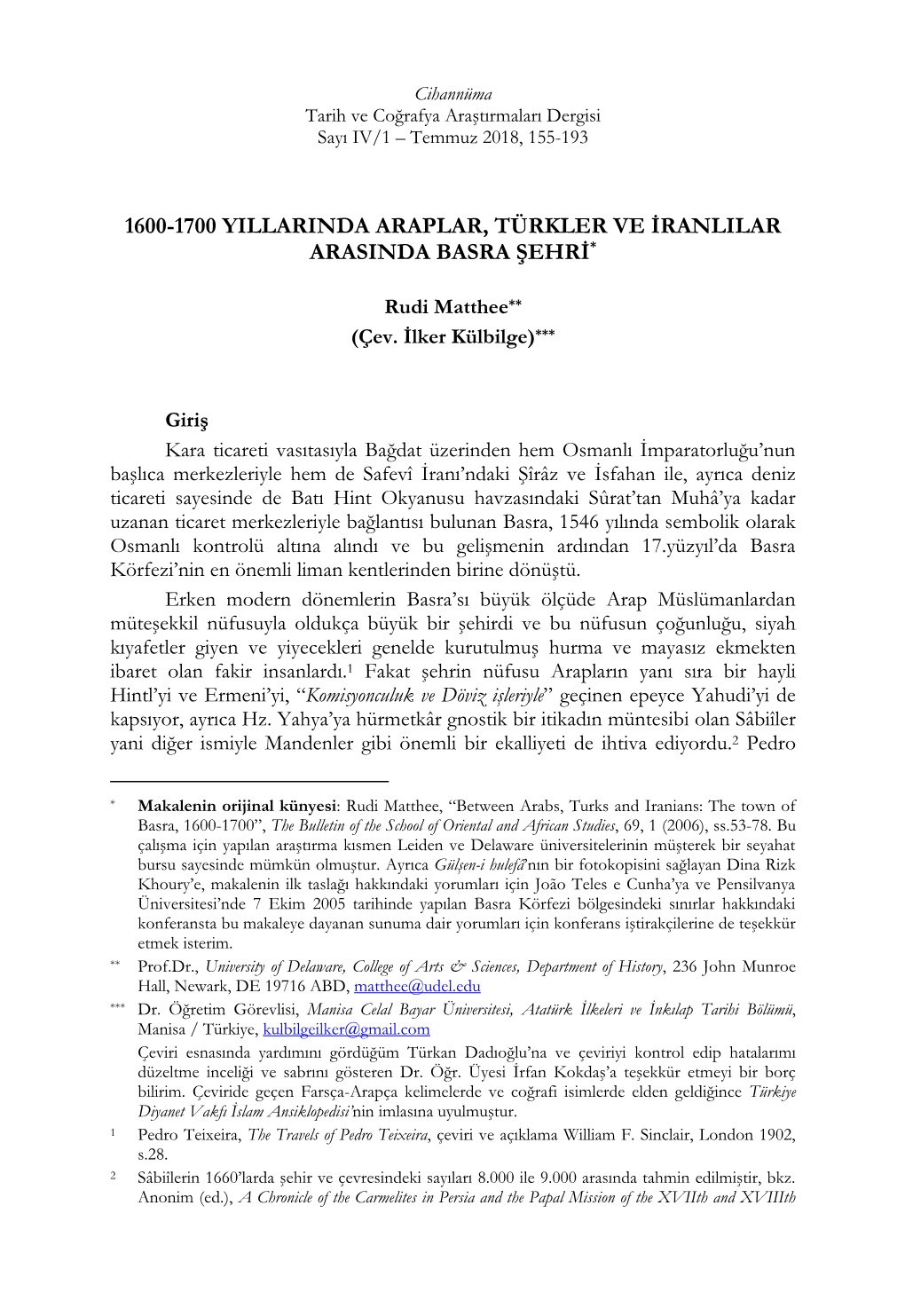 1600-1700 Yıllarında Araplar, Türkler Ve Iranlılar Arasında Basra Şehri