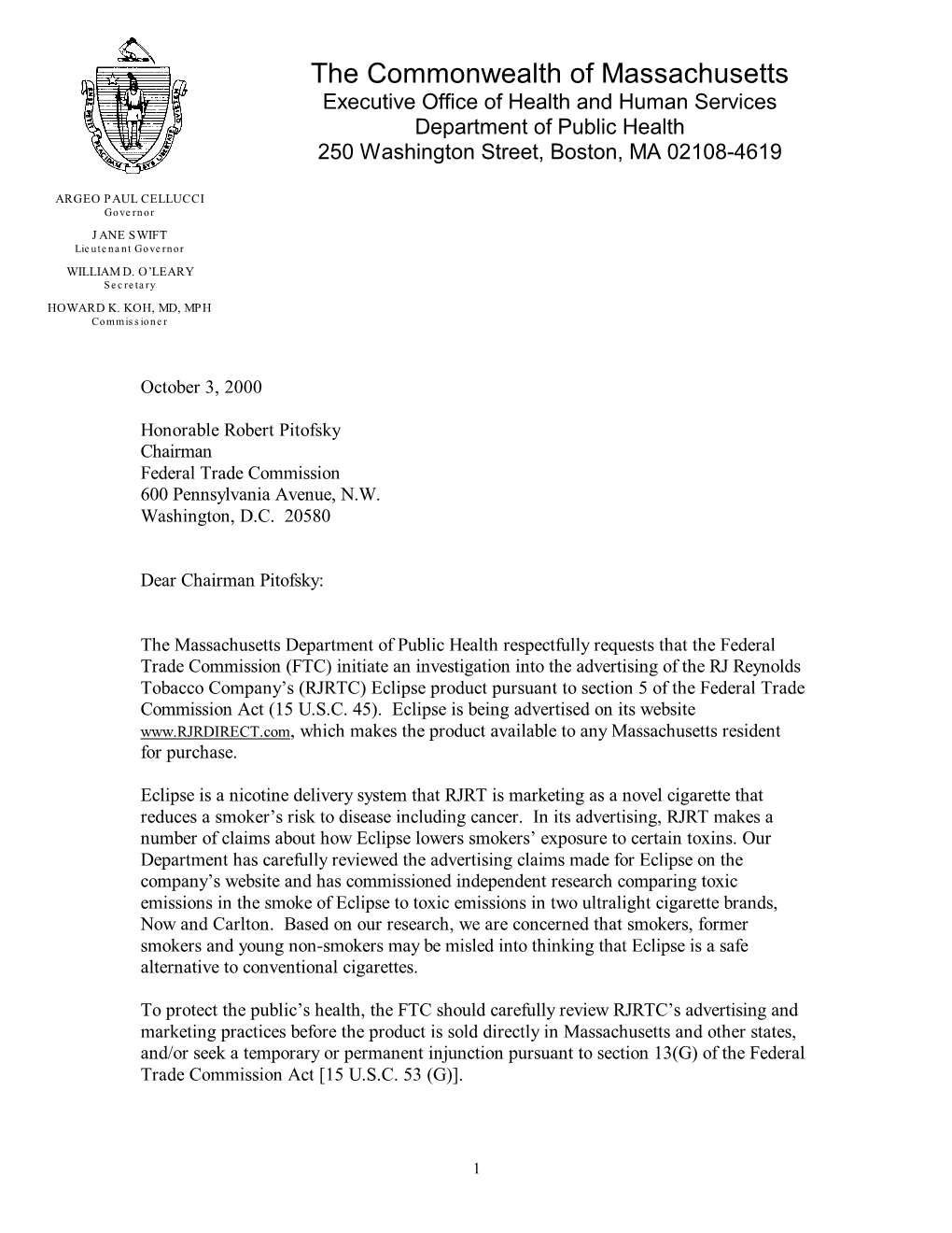 Massachusetts Letter to FTC Regarding Eclipse Cigarettes (PDF)
