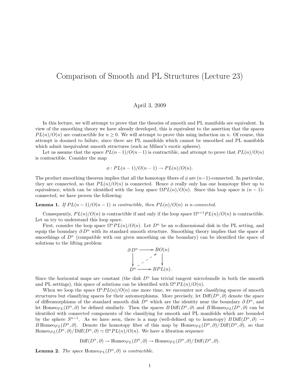 Comparison of Smooth and PL Structures (Lecture 23)