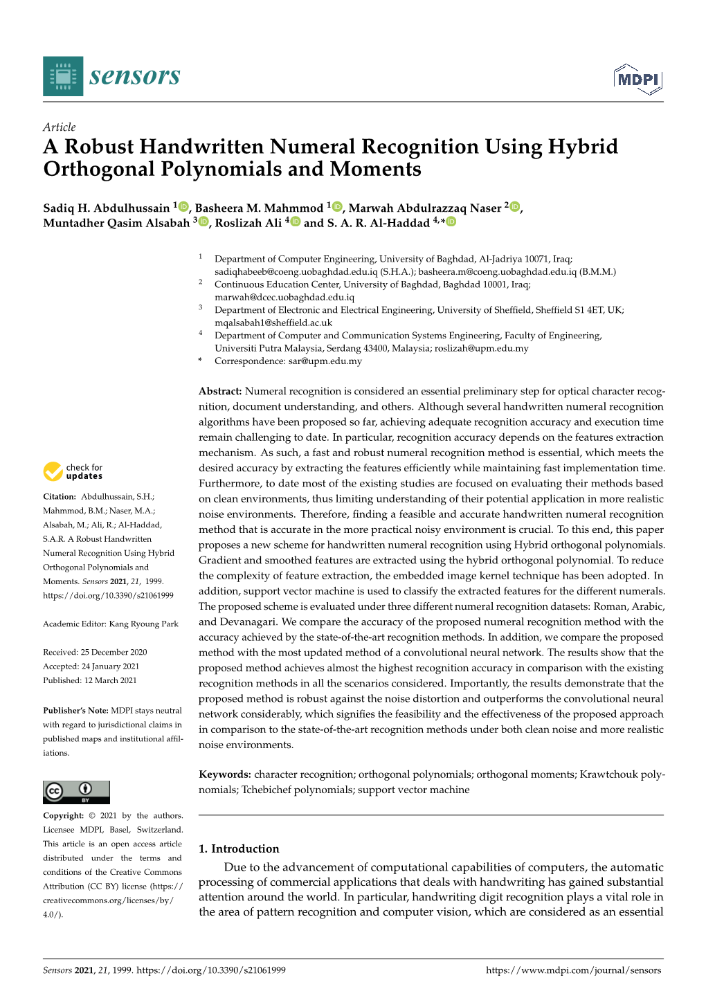 A Robust Handwritten Numeral Recognition Using Hybrid Orthogonal Polynomials and Moments