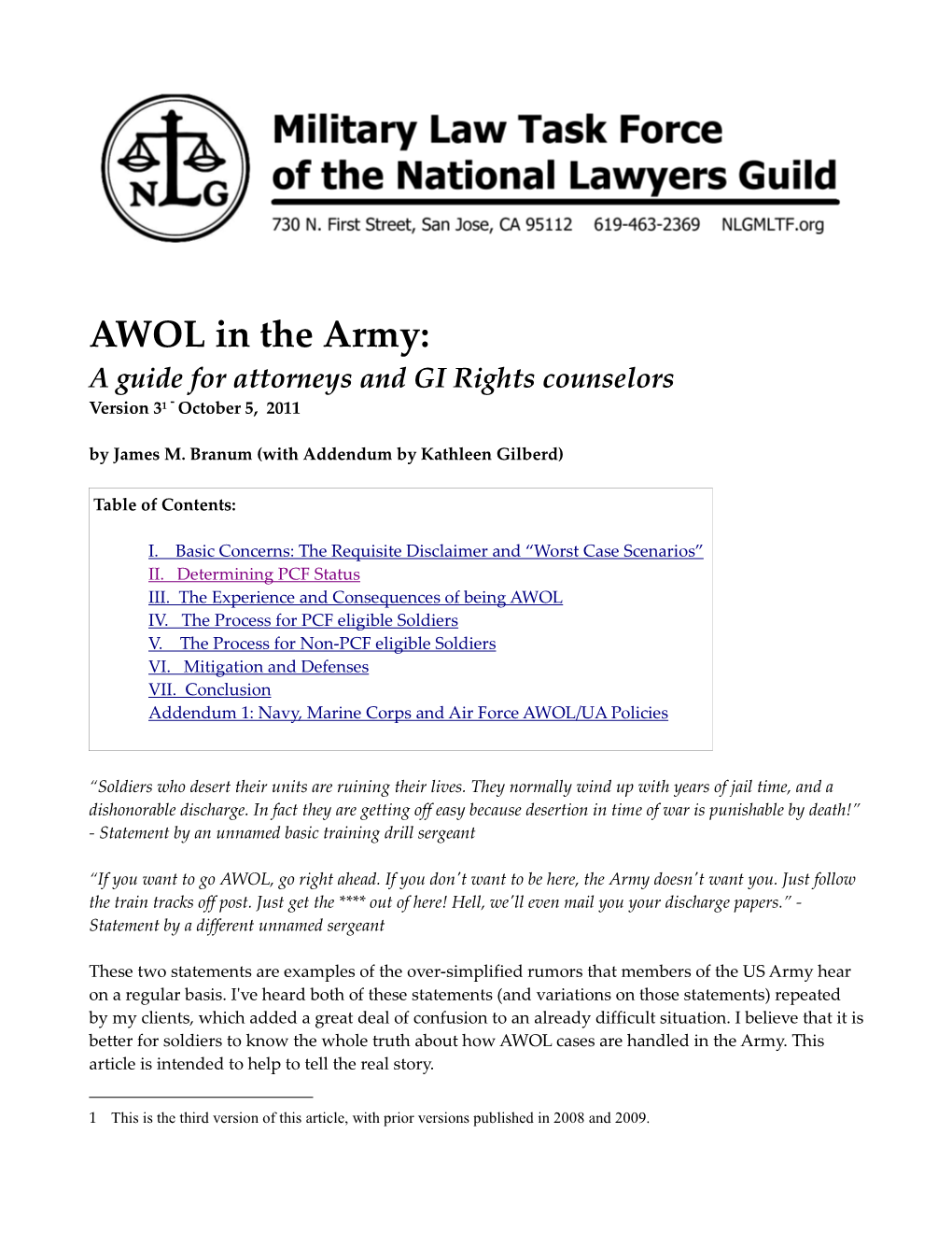 AWOL in the Army: a Guide for Attorneys and GI Rights Counselors Version 31 - October 5, 2011 by James M
