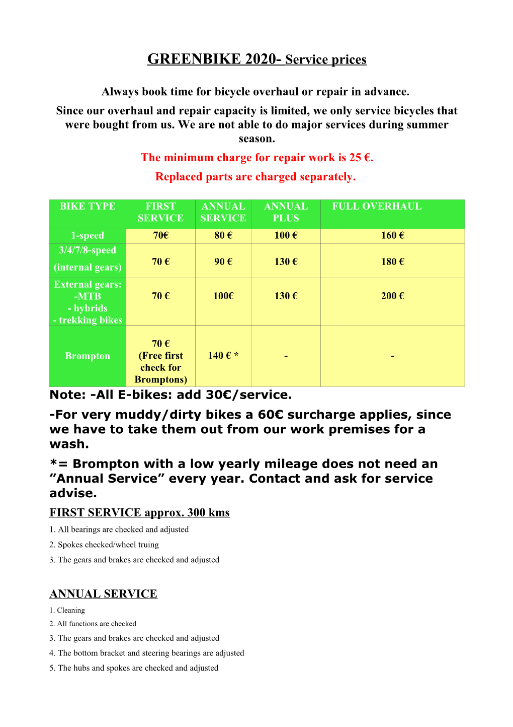 GREENBIKE 2020- Service Prices