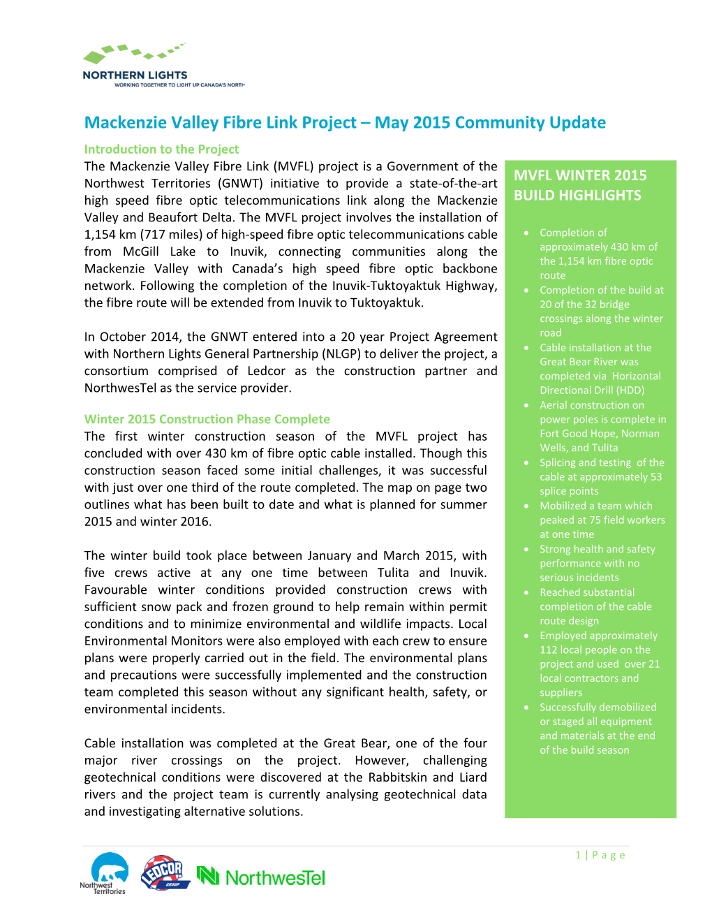 Mackenzie Valley Fibre Link Project – May 2015 Community Update