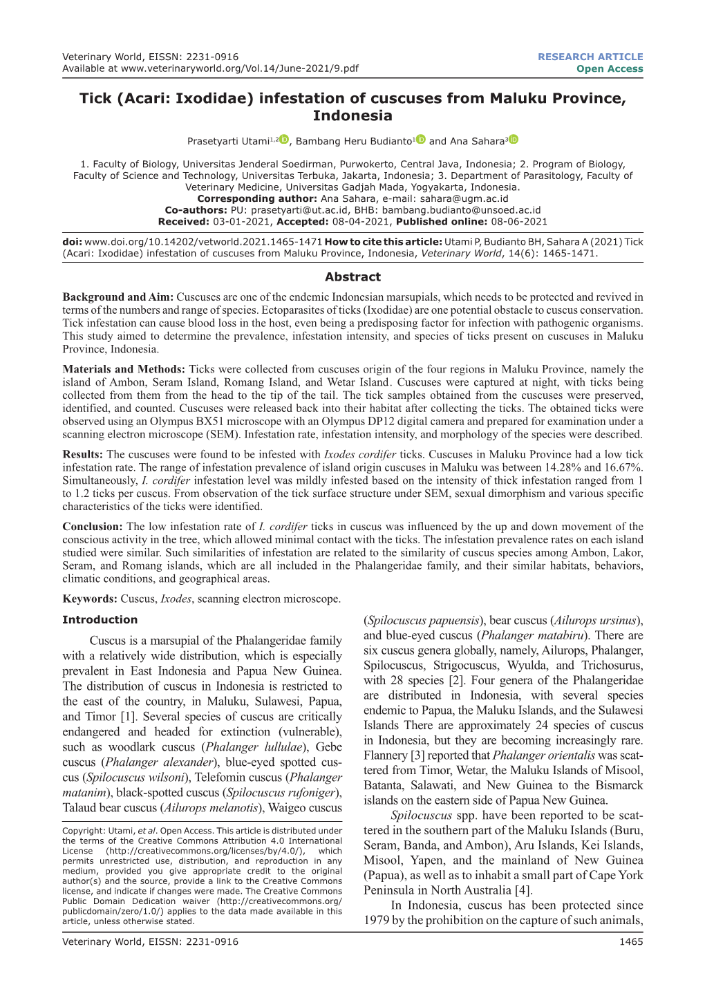 (Acari: Ixodidae) Infestation of Cuscuses from Maluku Province, Indonesia