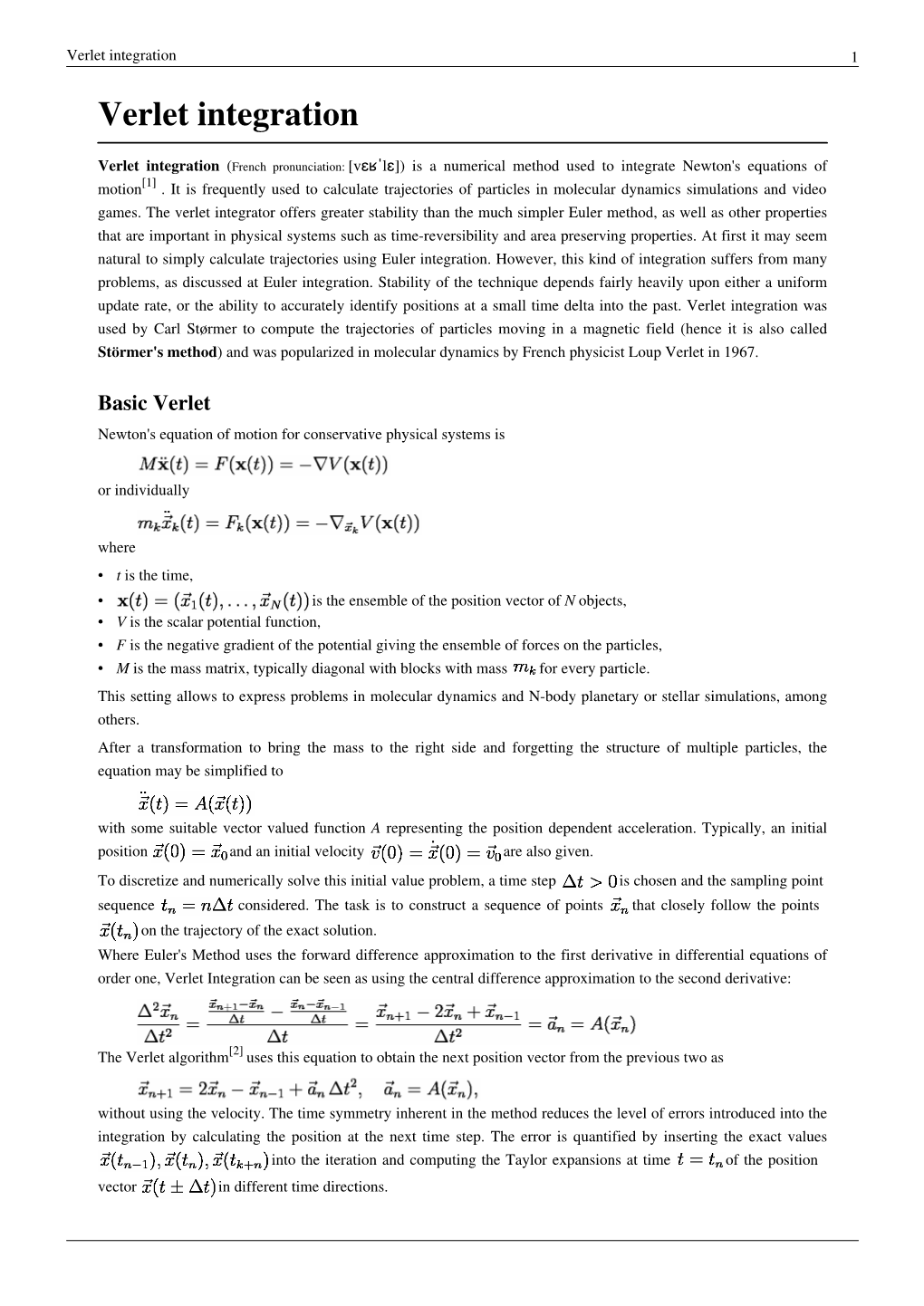 Verlet Integration 1 Verlet Integration