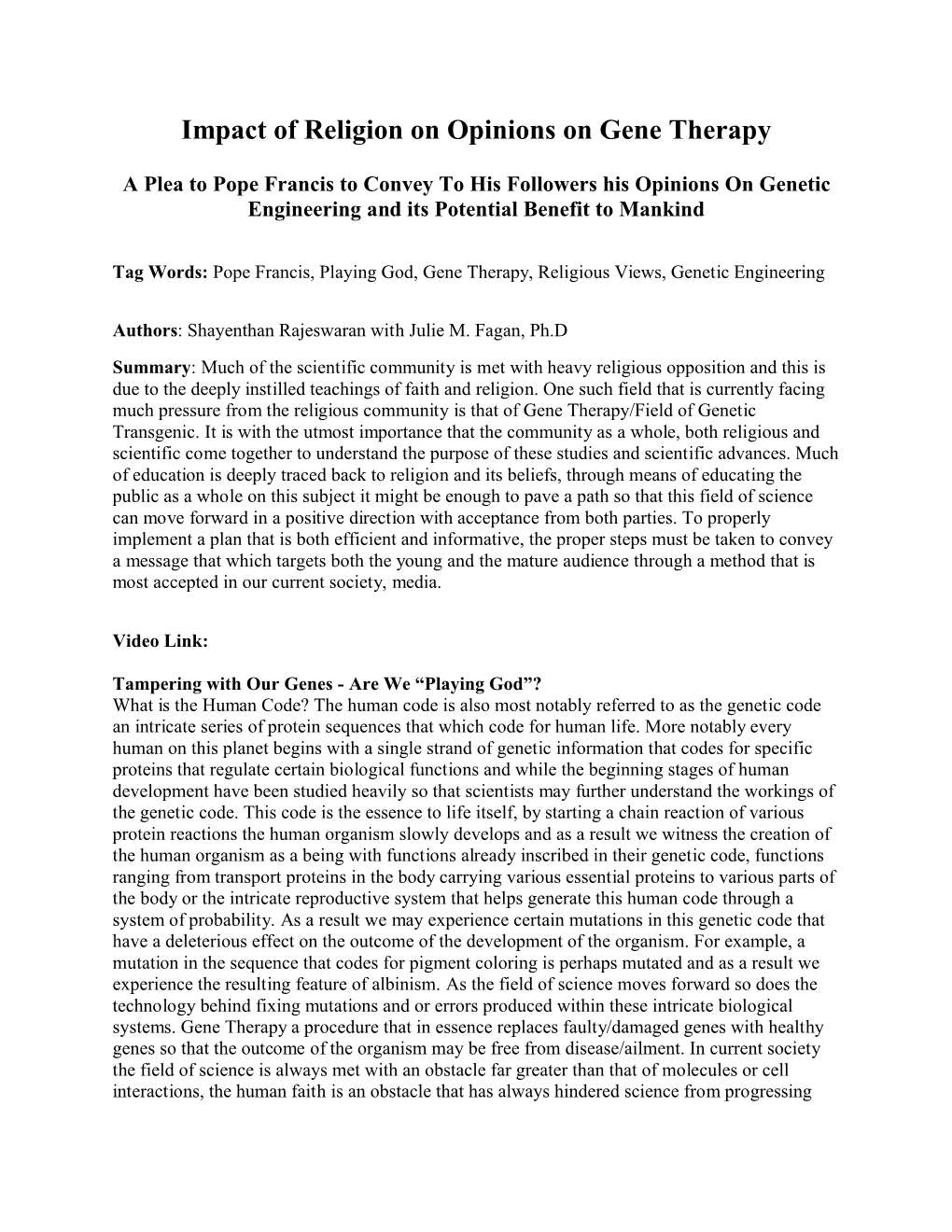 Impact of Religion on Opinions on Gene Therapy