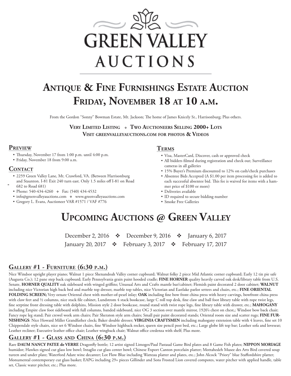 Antique & Fine Furnishings Estate Auction Friday, November 18 at 10