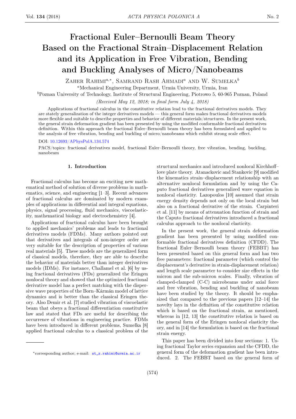 Fractional Euler–Bernoulli Beam Theory Based on the Fractional