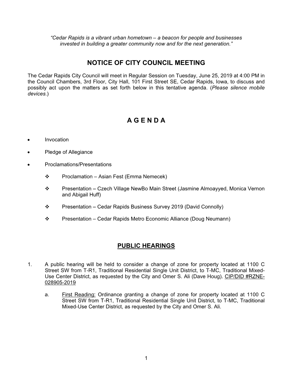 Notice of City Council Meeting a G E N