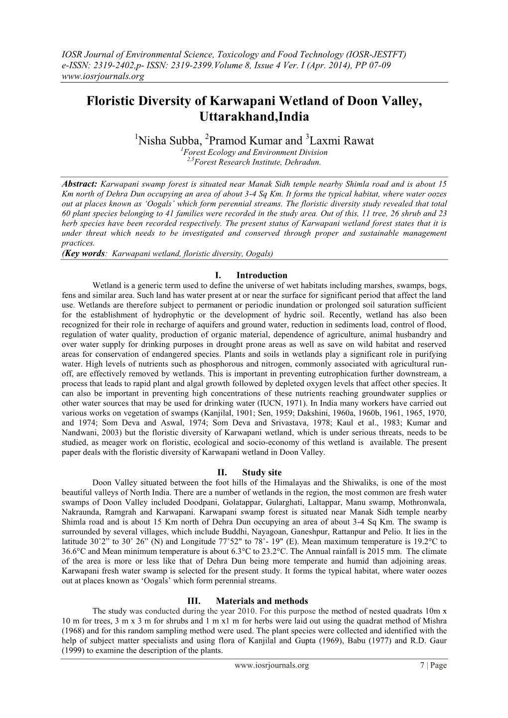 Floristic Diversity of Karwapani Wetland of Doon Valley, Uttarakhand,India